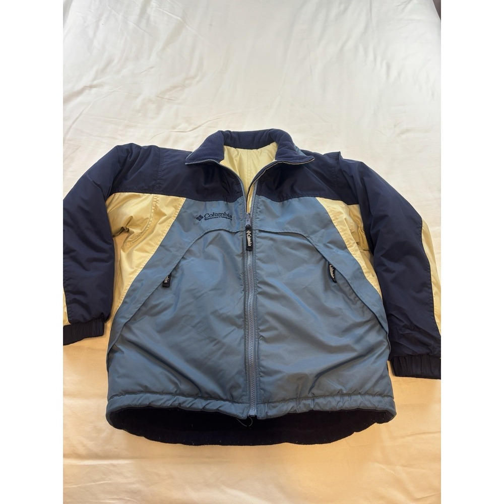 Columbia Youth Reversible Zipper Fleece Puffy Jacket Blue Beige Size XL